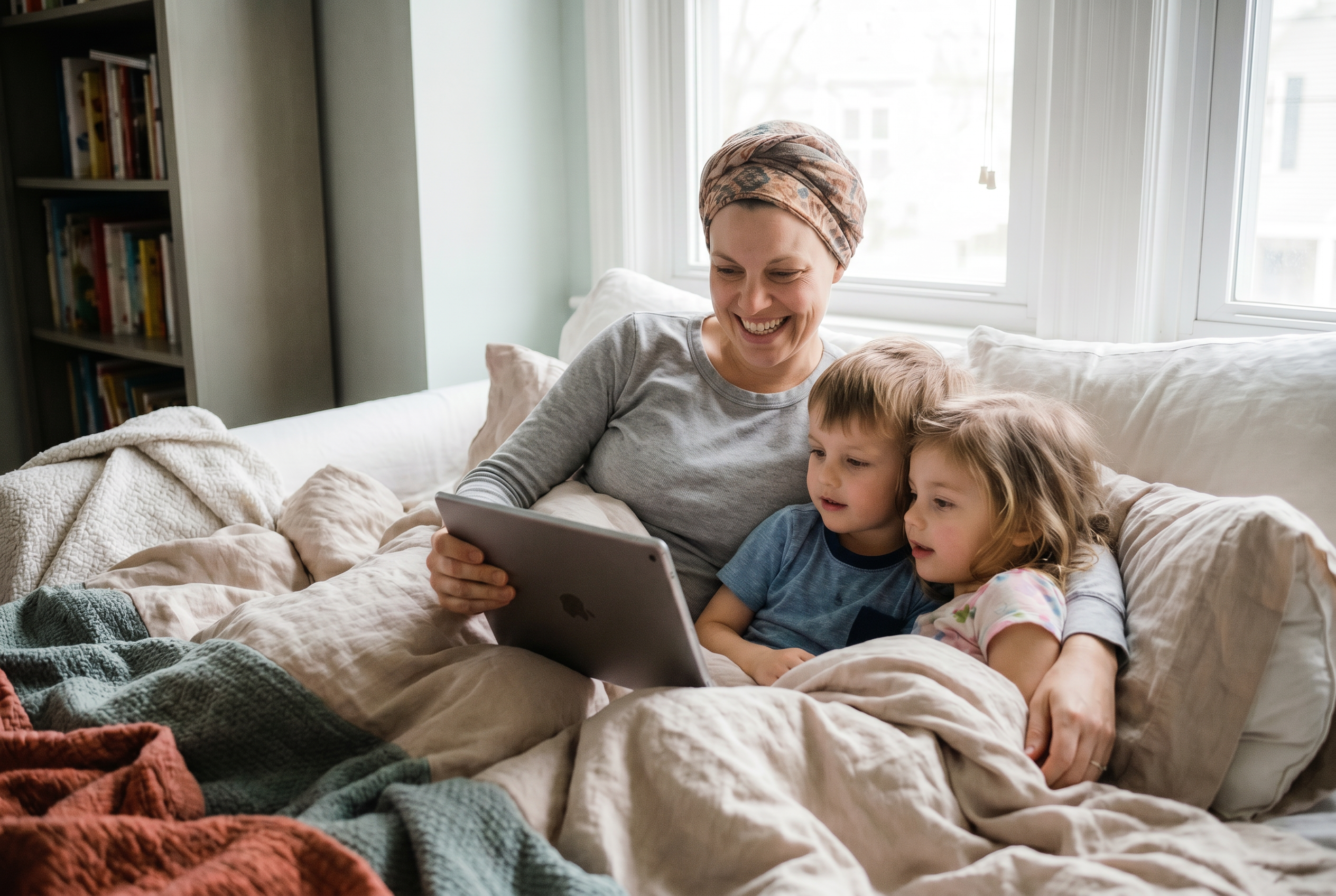 Family reading together on a couch