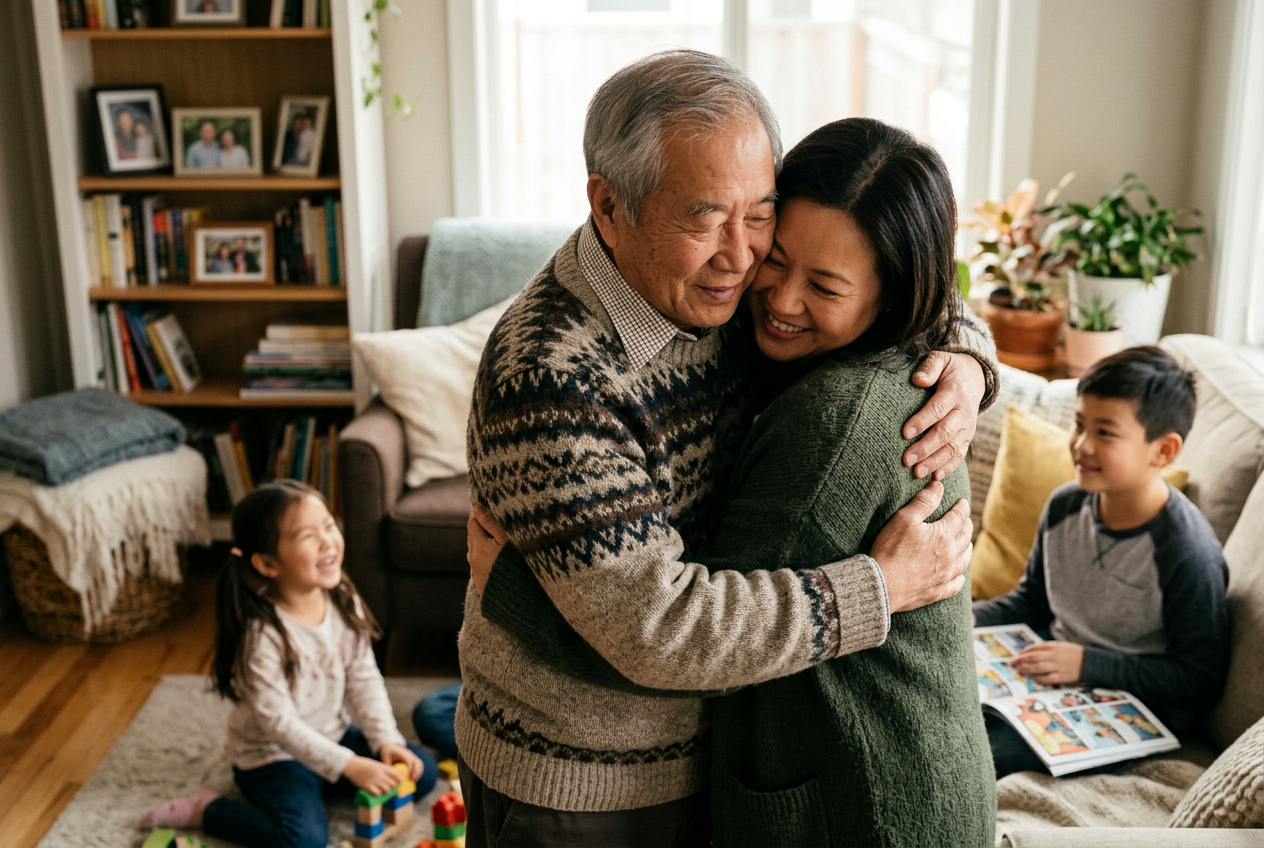 Grandfather and daughter sharing a warm hug