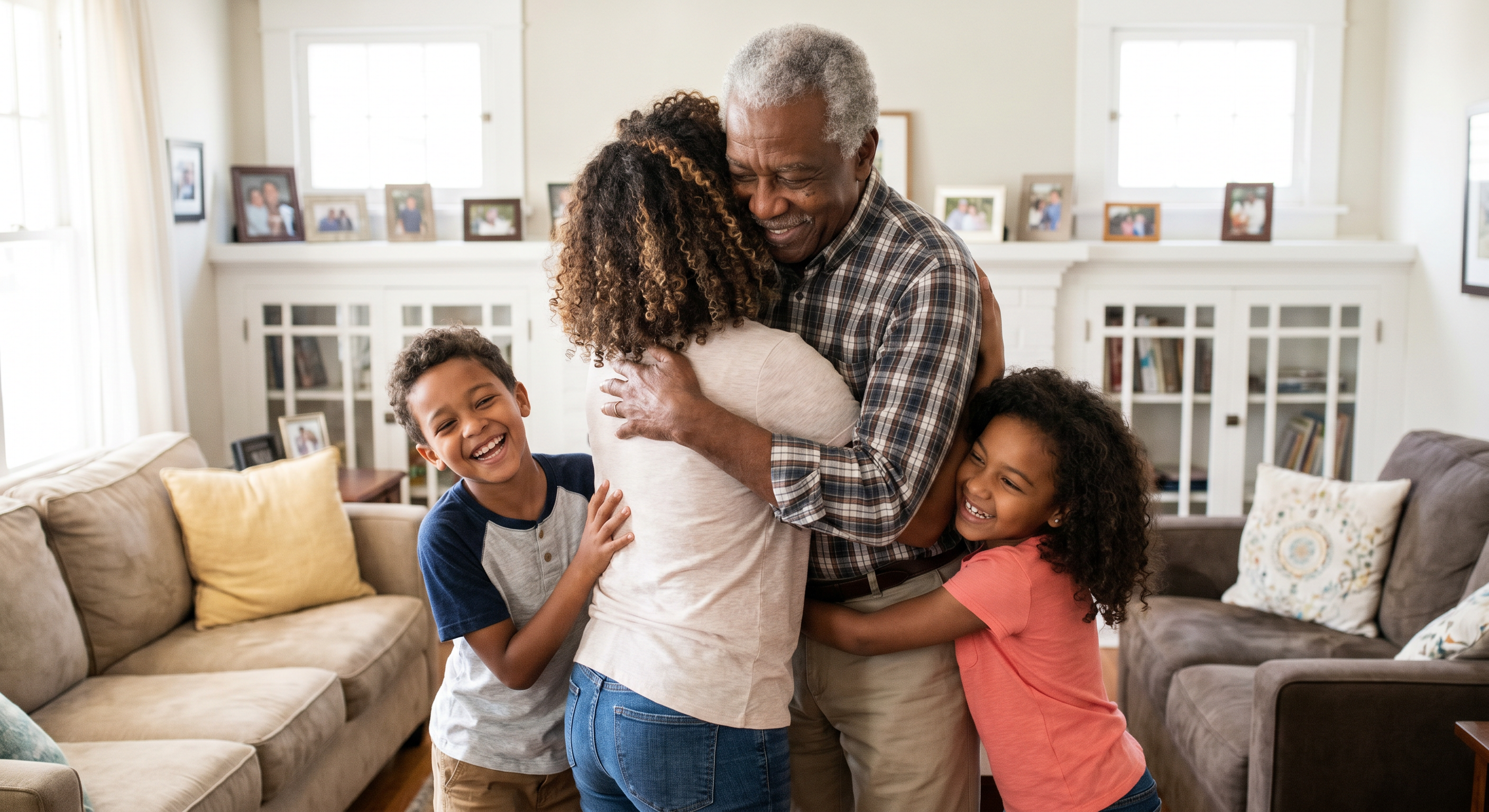 Grandfather embraced by grandchildren in living room