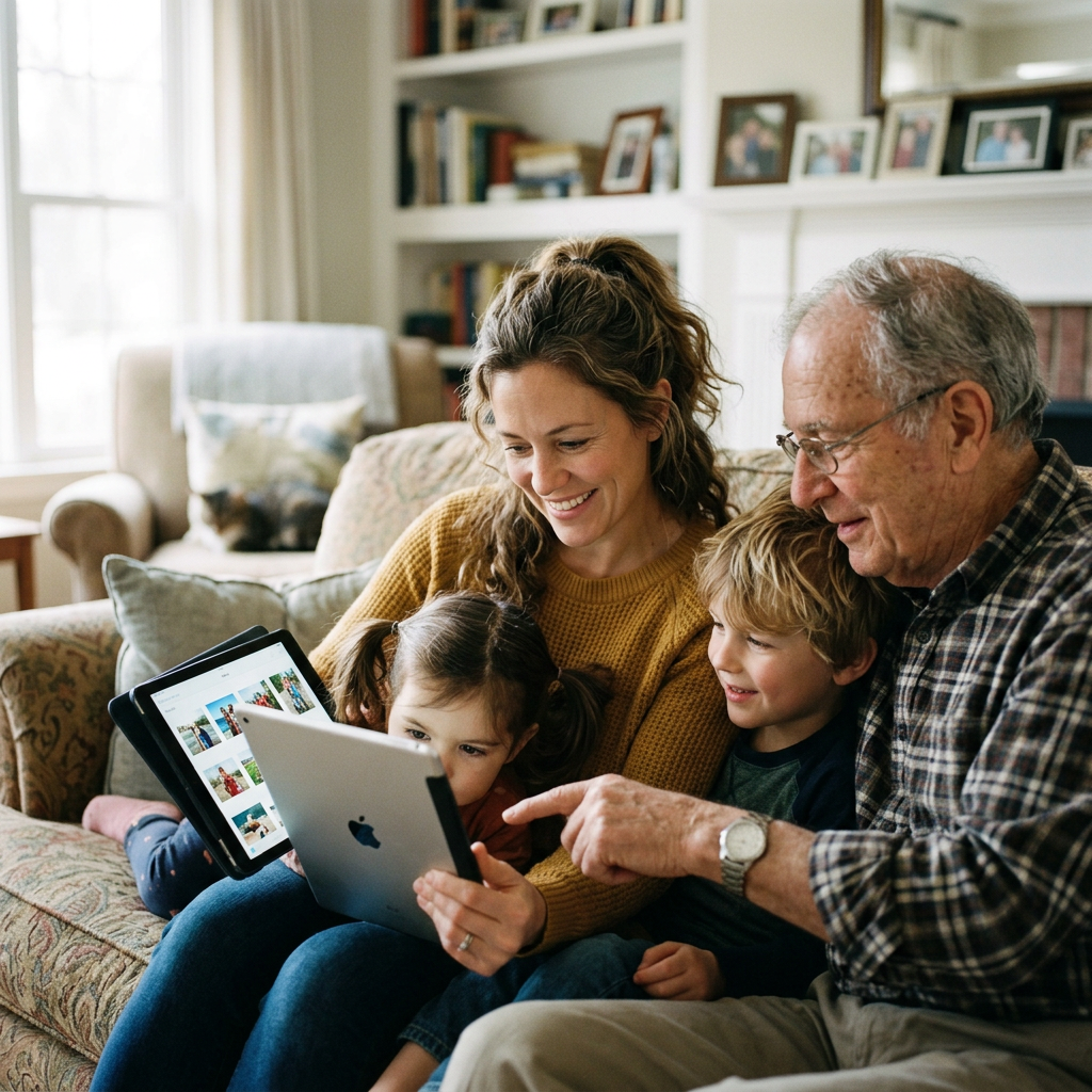 Family browsing photos together on an iPad