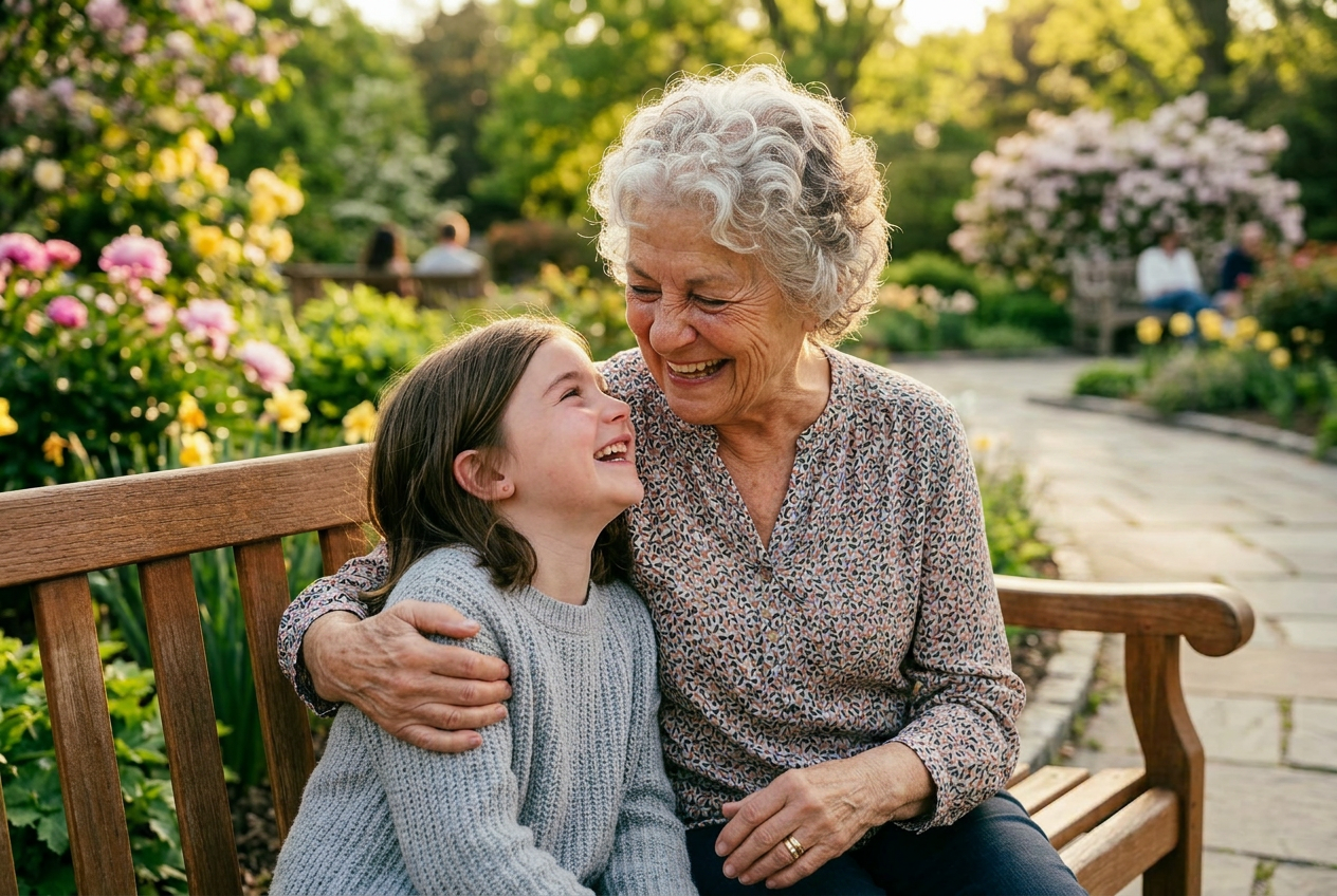 Grandmother and granddaughter laughing on a garden bench