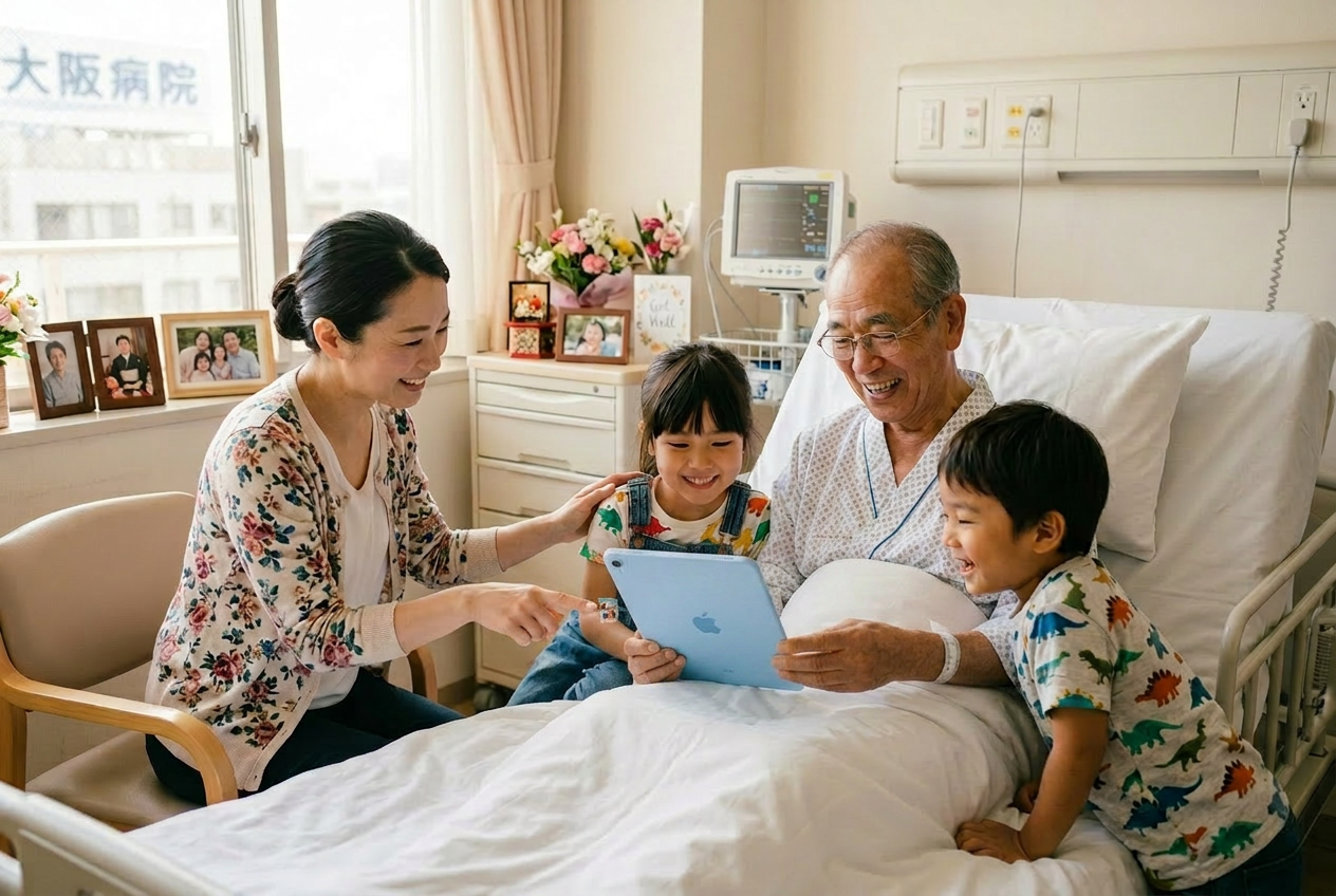 Family visiting grandfather in hospital with an iPad