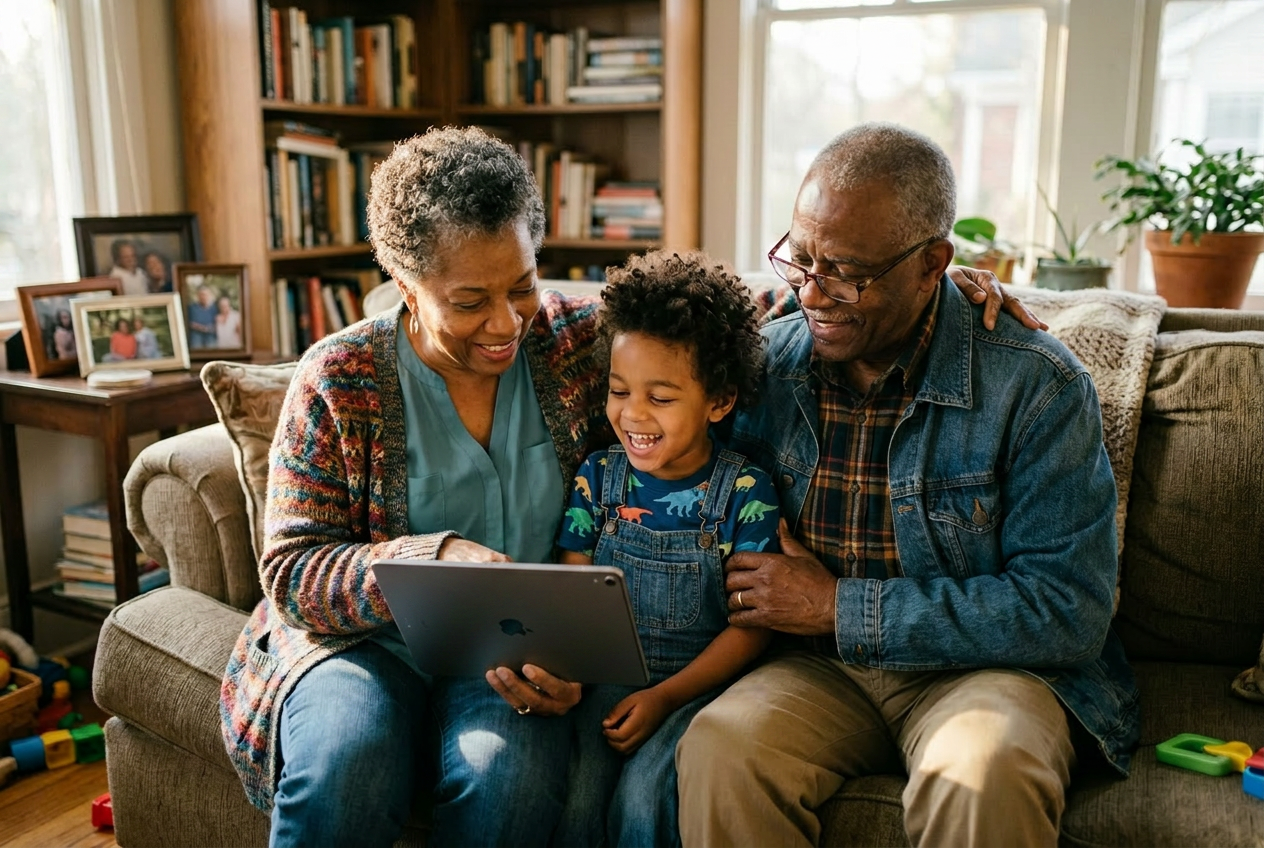 Grandparents and grandchild laughing with an iPad